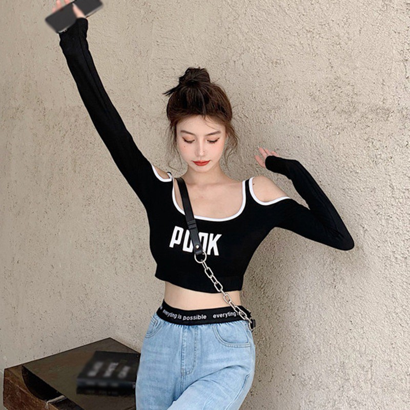 Áo thun tay dài cổ chữ U in chữ phong cách Hàn Quốc quyến rũ cho nữ