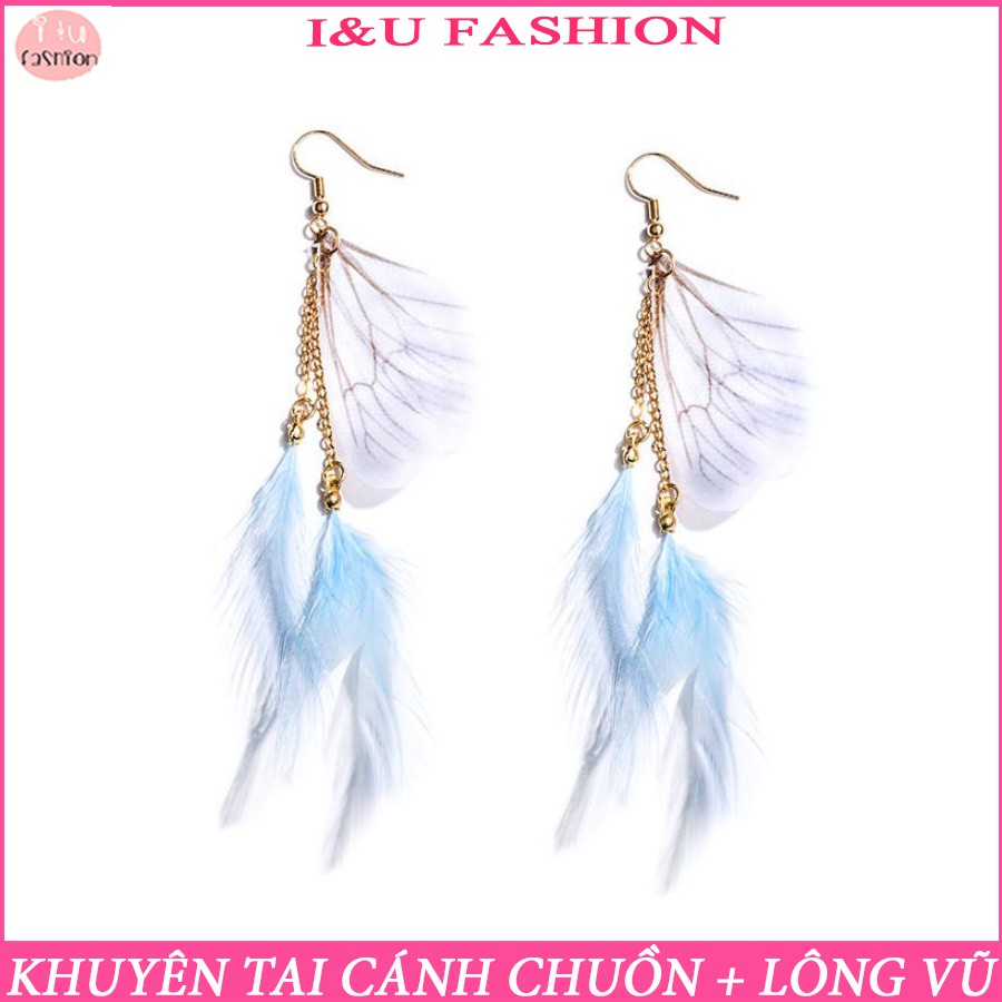 Bông tai khuyên tai cánh chuồn kèm lông vũ mỏng nhẹ nữ tính nhẹ nhàng siêu xinh cho nữ vô cùng thời trang KT-101