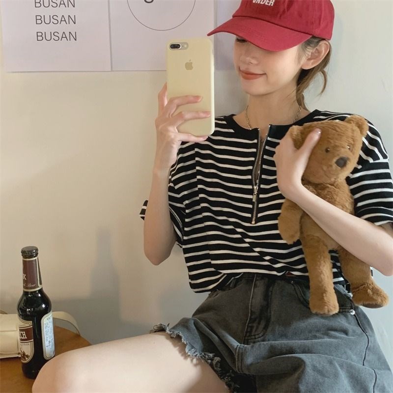 Áo Thun Tay Ngắn Cổ Tròn Họa Tiết Kẻ Sọc Dáng Rộng Thời Trang Mùa Hè Hàng Mới Dành Cho Nữ 2022