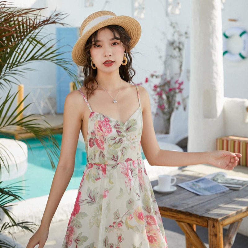 IELGY  Đầm Hai Dây Dáng Dài In Hoa Phong Cách Retro Thời Trang Đi Biển Cho Bạn Gái