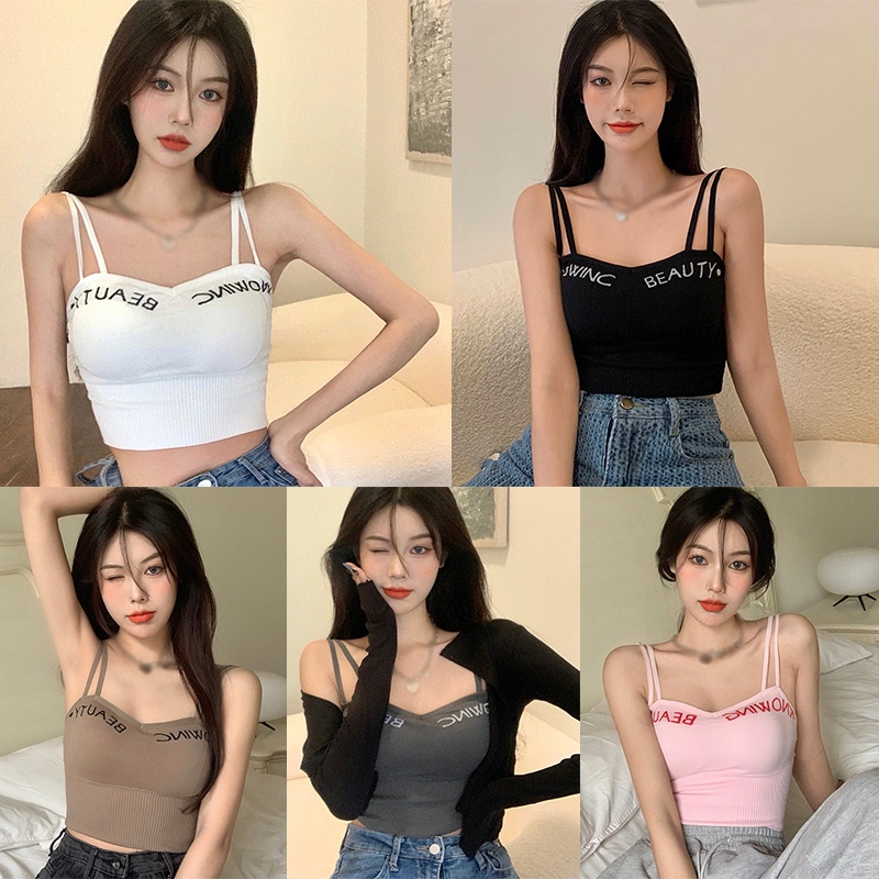 Áo Croptop Dệt Kim Không Tay In Chữ Có Mút Đệm Ngực Phong Cách Hàn Quốc Dành Cho Nữ