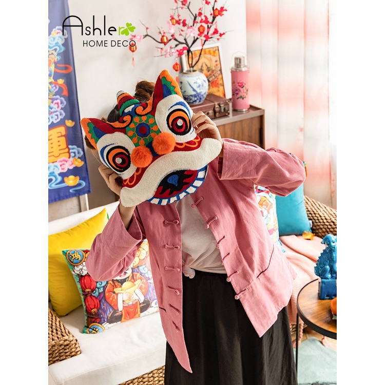 ✟✗Joy Gối Tựa Lưng Thêu Hình Sư Tử Nhảy Múa Truyền Thống Trung Hoa Trang Trí Ghế sofa / Xe Hơi / Tiệc Cưới