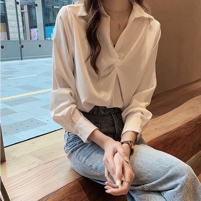 Áo Sơ Mi Trắng Dáng Rộng Phong Cách Phương Tây Thời Trang Cho Nữ
