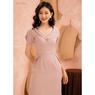 Đầm cổ V đính nút GUMAC MS22019_HONG