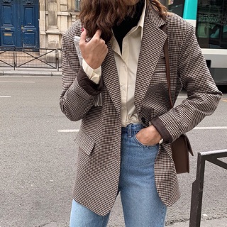 Hàng có sẵn ) Siêu phẩm áo Blazer cao cấp kẻ nâu nhỏ (có ảnh chụp thật)