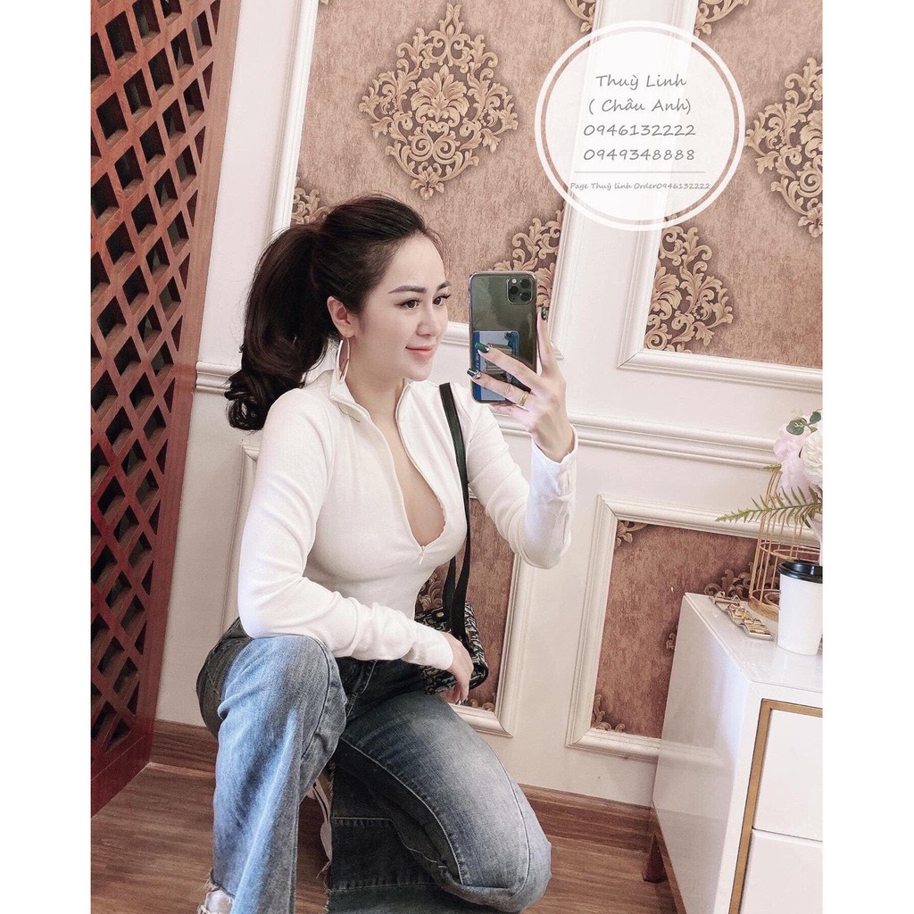 Áo kiểu croptop thun thái xinh mịn dây kéo cổ lọ tay dài hot hit cool