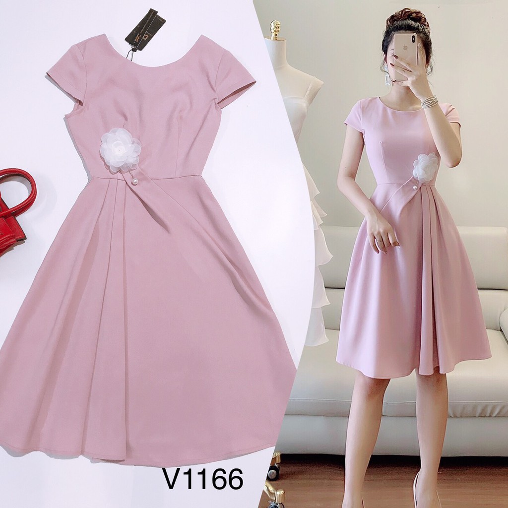 Váy xòe hồng hoa cài eo V1166 - DVC phân phối chính thức (Kèm ảnh thật trải sàn do shop tự chụp)