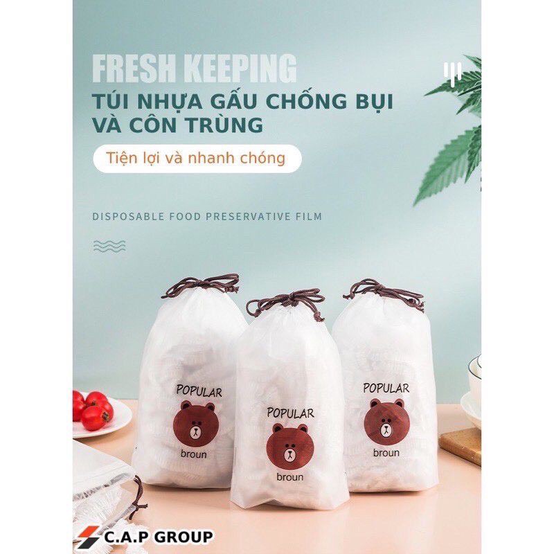 Set 100 màng bọc thực phẩm tặng túi gấu dây rút siêu dễ thương