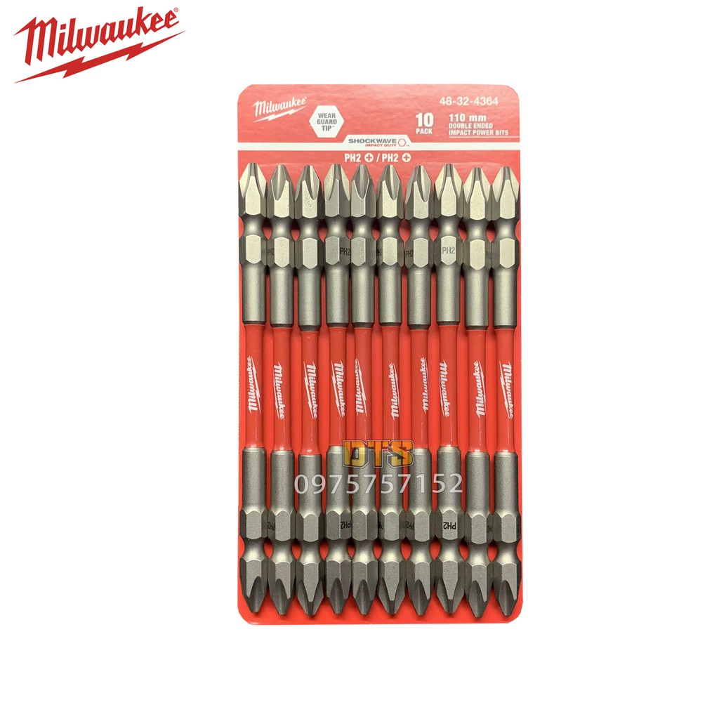 Mũi vít Milwaukee Mỹ siêu bền PH2 dài 110mm, mũi bắt vít 2 đầu 4 cạnh bake có nam châm từ siêu cứng, chống gỉ, chống tòe