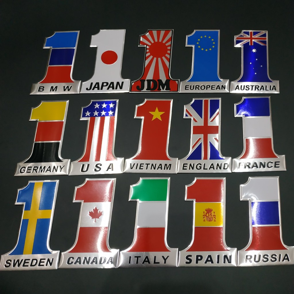 Tem nhôm dán xe số 1 size 12x8cm hình cờ các nước Anh Pháp Đức Mỹ Ý Việt Nam
