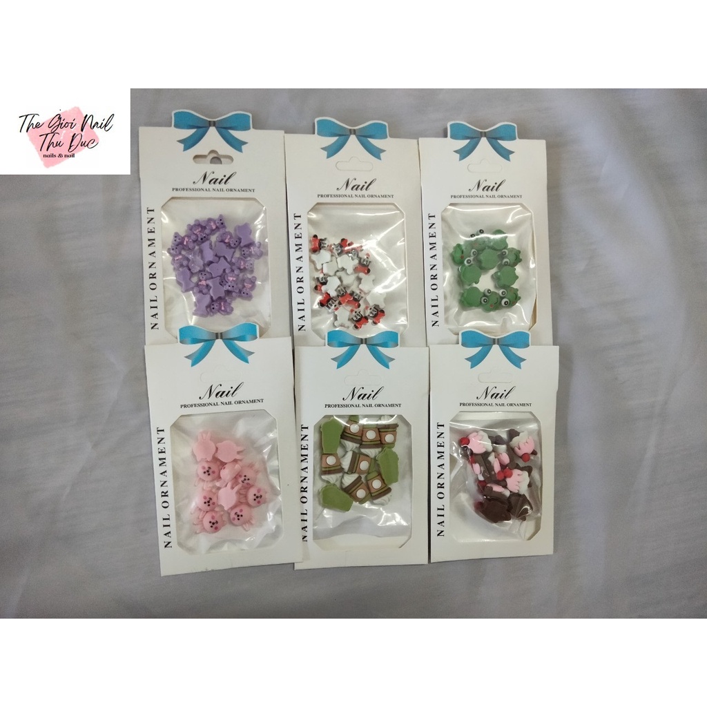 Charm, icon, nơ đính móng tay, móng chân, hình 4D, hoa văn nổi xinh sễu