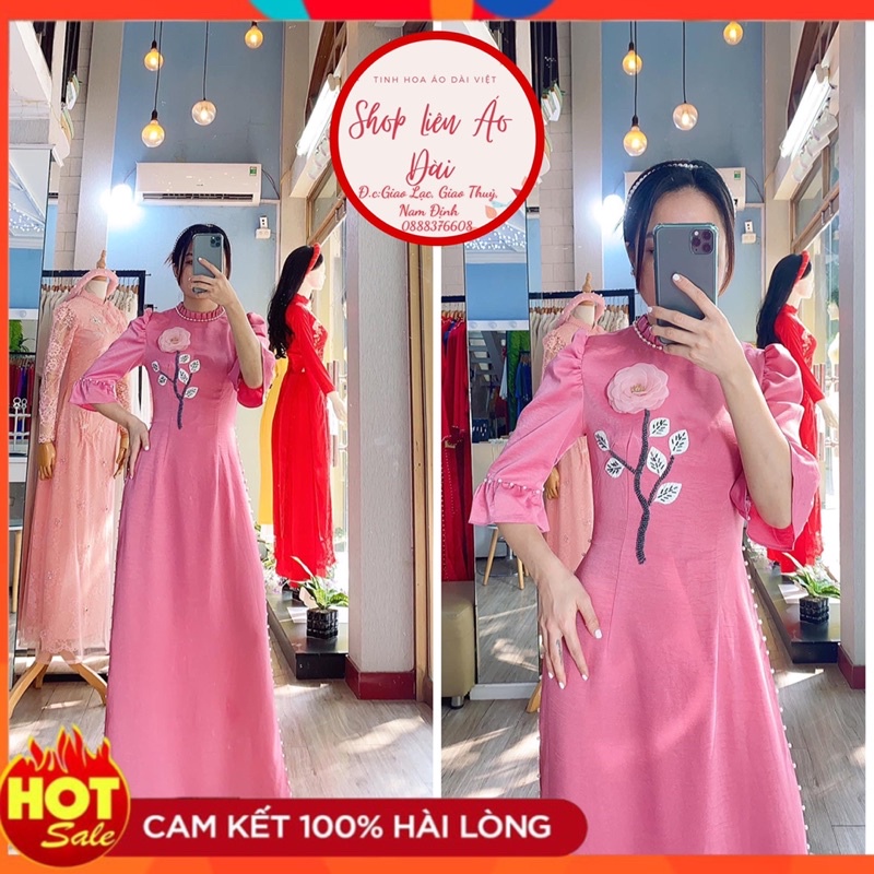 Áo dài hồng cổ xếp ly đính ngọc, tay bồng bo tay điệu, chất vải lụa tây thi 2 tà xinh