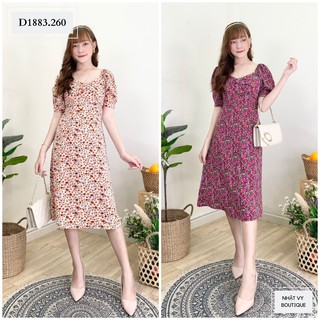 Đầm họa tiết hoa, chiết eo, phối nơ ngực, nữ tính dịu dàng - D1883