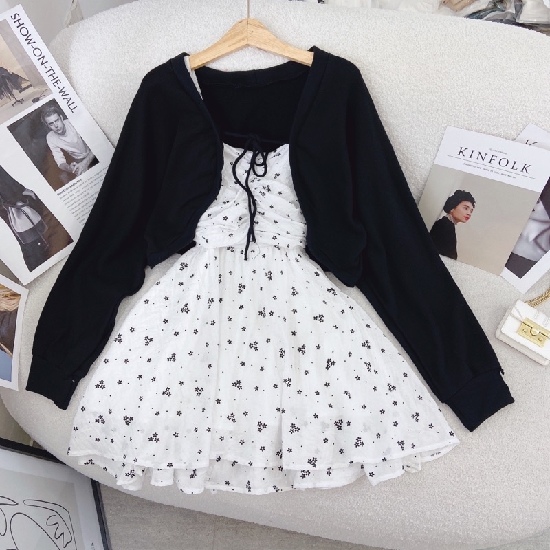 SET đầm hoa dây trắng đen nhíu ngực + khoác crop dơi đen cột dây nơ - 22.Lystore