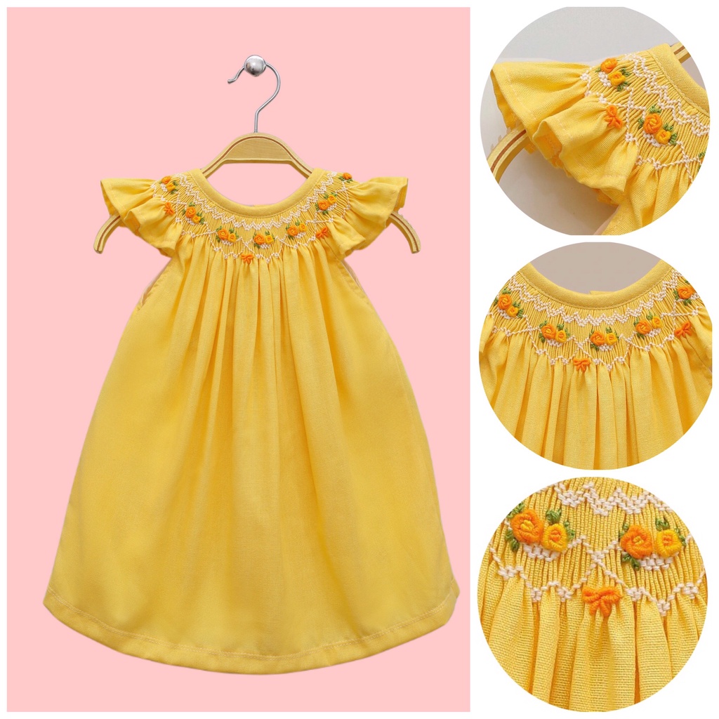 Váy Đầm Cho Bé Gái, Đầm Smock Thêu Tay Kiểu Cánh Tiên Phong Cách Bánh Bèo Dễ Thương Size 1 Tuổi -10 tuổi