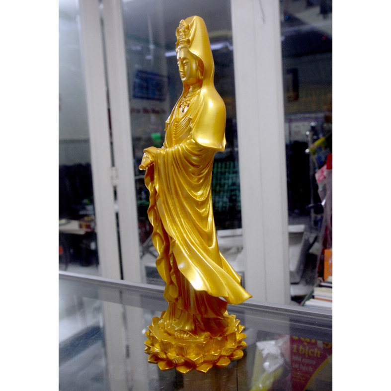 Tượng  Quan Thế Âm Bồ Tát đứng sơn nhũ vàng cao 37cm GIÁ TỐT NHẤT THỊ TRƯỜNG