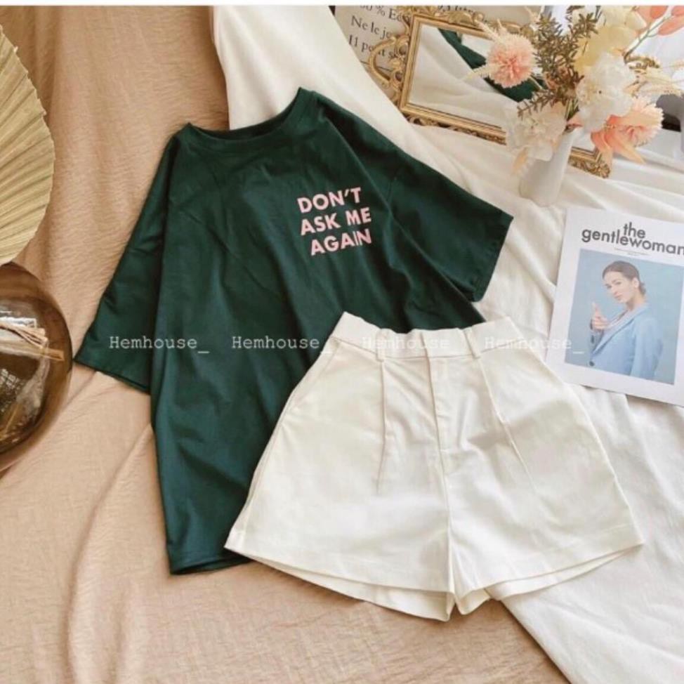 Set quần short trắng kèm áo 💖FREESHIP💖 Set áo phông xanh phom thụng mix quần short kaki trắng AD39