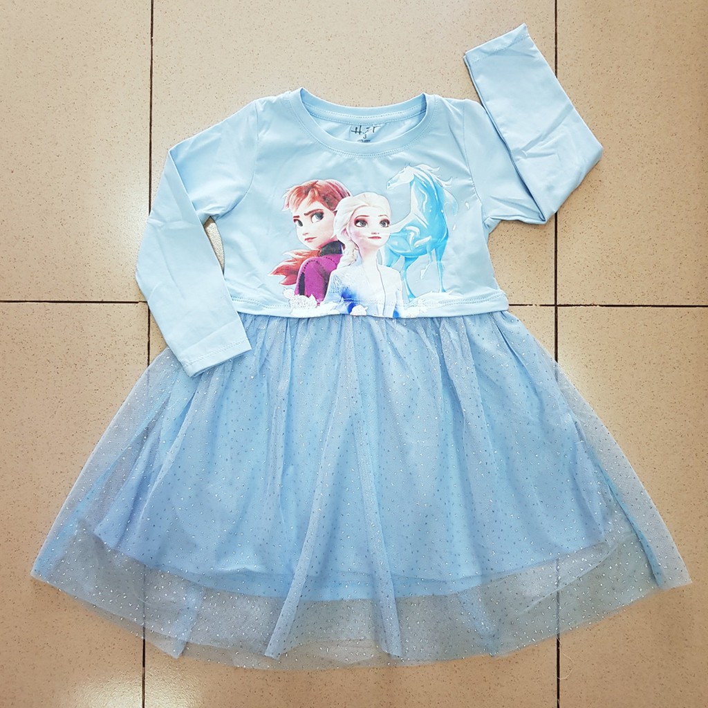 Đầm thun cottton chân voan tay dài in công chúa elsa bé gái