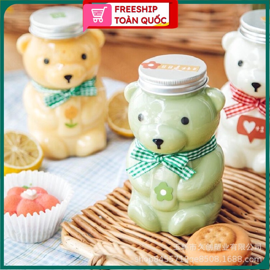 PVN33738 Bình chai nhựa PET hình gấu Teddy đựng trà sữa, nước ép hoa quả 420ml có nắp đậy bằng nhôm .