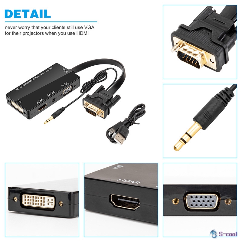 4-in-1 VGA to VGA HDMI DVI Adapter Audio Output Converter for Desktop Laptop PC