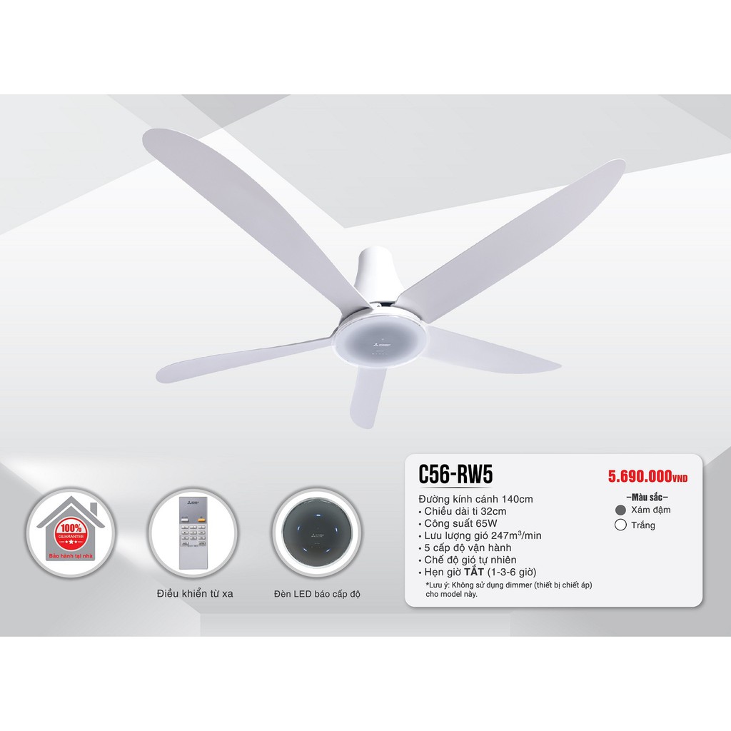 Quạt trần Mitsubishi C56-RW5 - 5 cánh, Xám đậm/Trắng, Kích thước 140x32cm