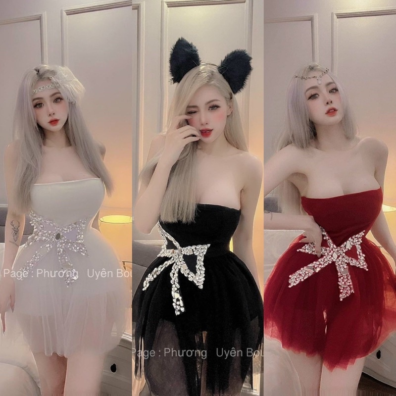 Đầm váy ngắn cúp ngực phối lưới xoè nơ eo đính đá, hàng tk hotgirl công chúa sang trọng quyến rũ gợi cảm dự tiệc đi chơi
