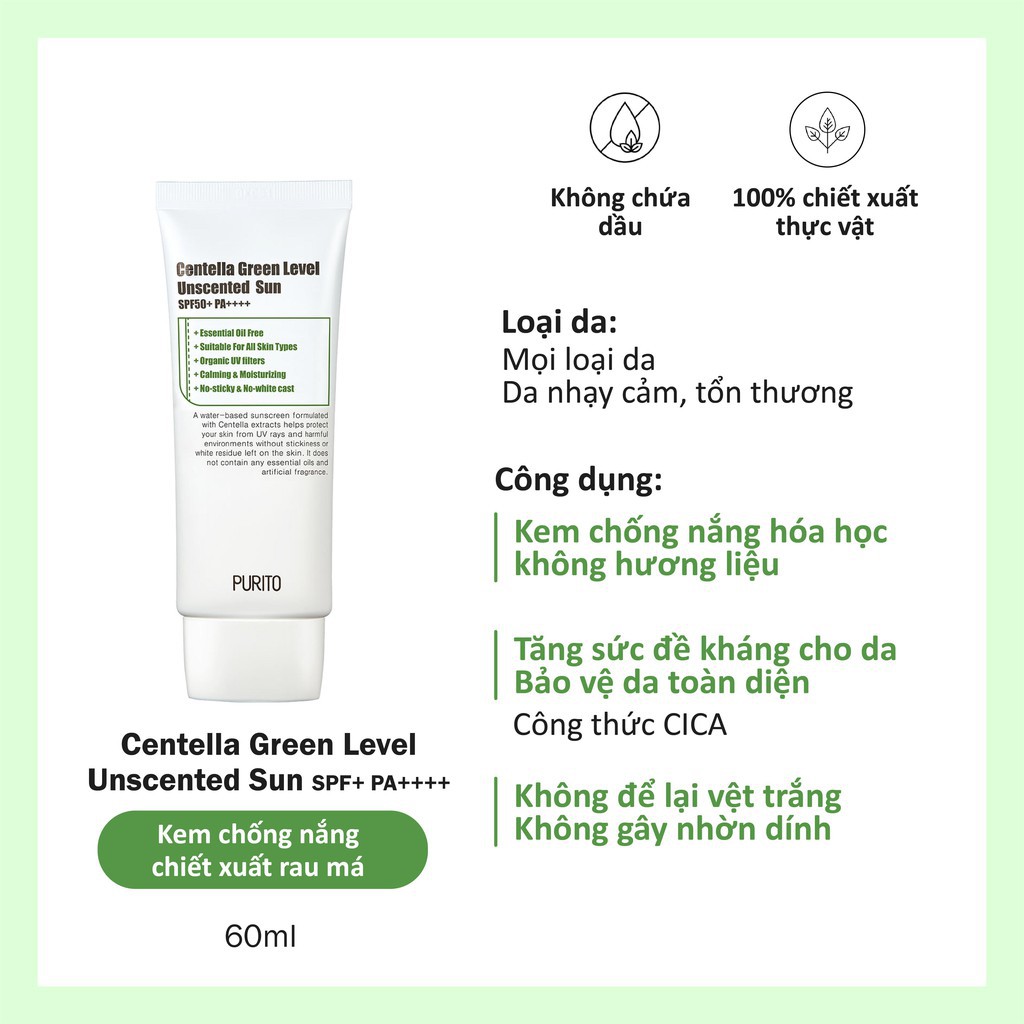 Kem chống nắng không mùi Centella Green Level Unscented Sun Purito