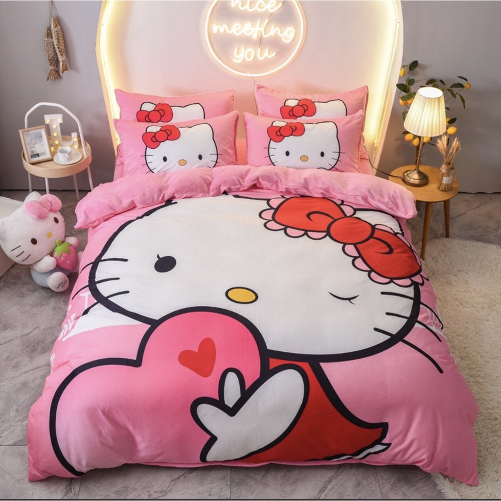 Set 4 Món Ga Gối Vỏ Chăn Lồng Ruột Mẫu KITTY BABY