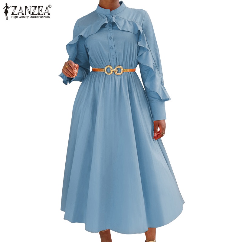 Zanzea Đầm Dài Tay Cổ Đứng Phối Bèo Và Thắt Lưng Phong Cách Châu Âu