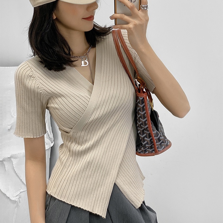 Áo sweater SUXI dệt kim tay ngắn cổ chữ v màu trơn thời trang mùa hè cho nữ