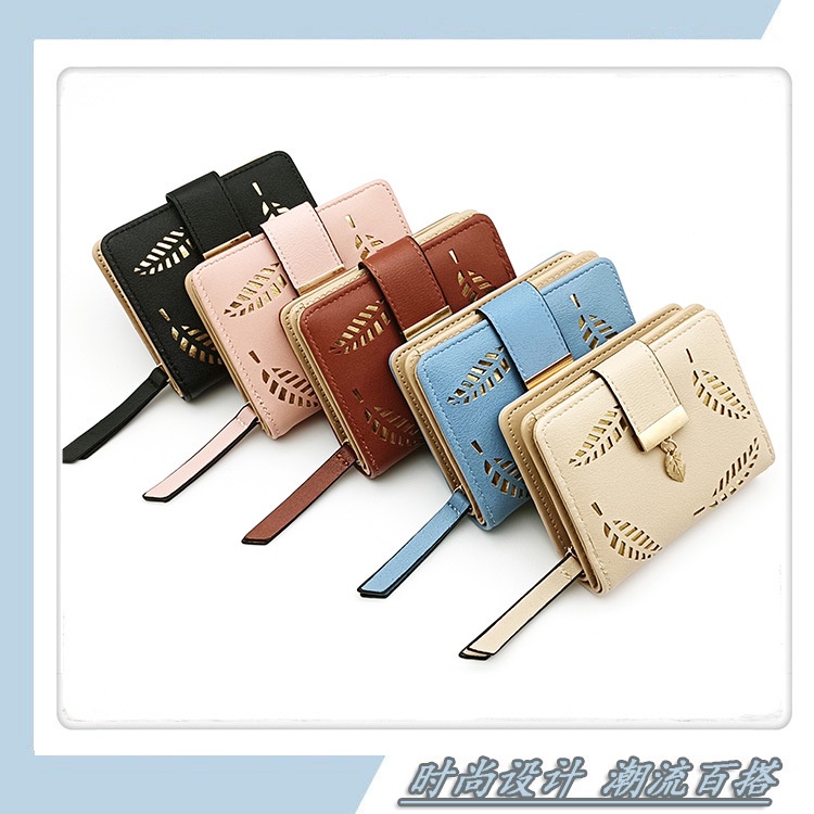 Ví Ngắn Cầm Tay Có Khóa Kéo Họa Tiết Lá Rỗng Phong Cách Hàn Quốc Cho Nữ Giá Đỡ