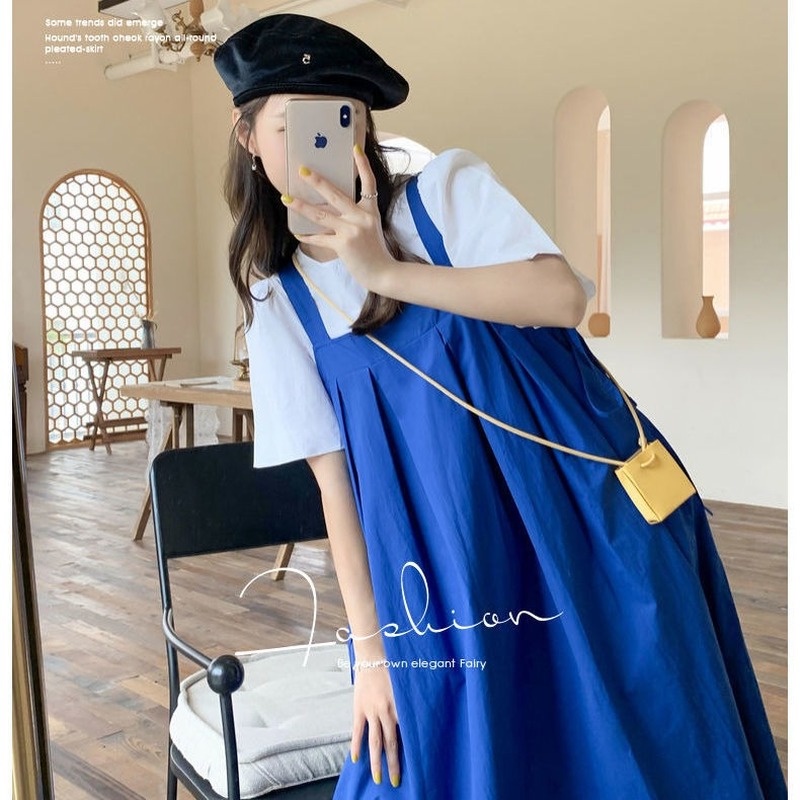Set Đầm Yếm Màu Xanh Dương Phong Cách Pháp Thời Trang Mùa Hè Mới Cho Nữ