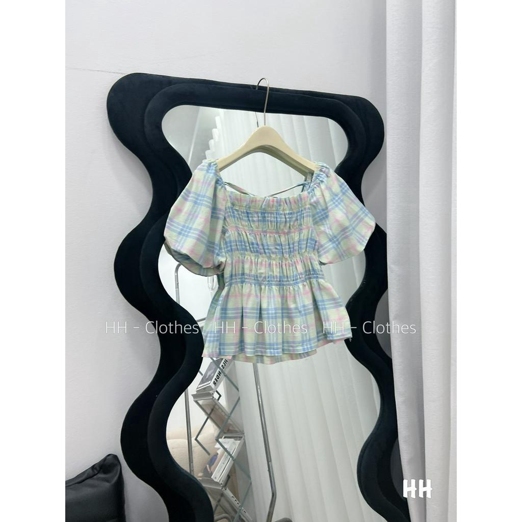 Áo Kẻ Tay Bồng Cổ Vuông Chun Sau 2 Màu Siêu Xinh, Áo Nữ Kiểu Chun Ngực