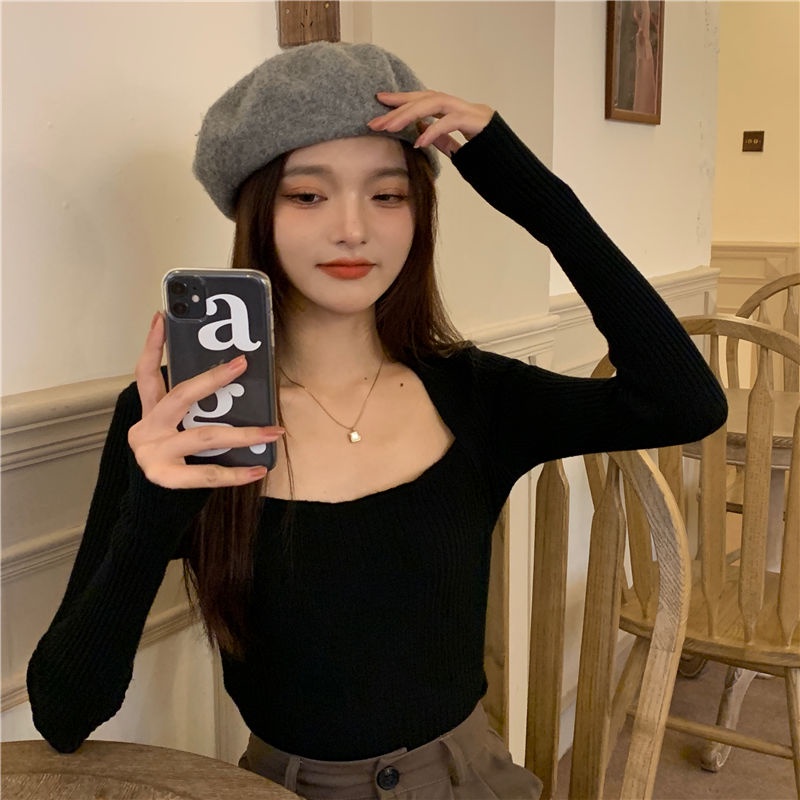 Áo dệt kim tay dài cổ vuông màu trơn phong cách Hàn Quốc thời trang quyến rũ