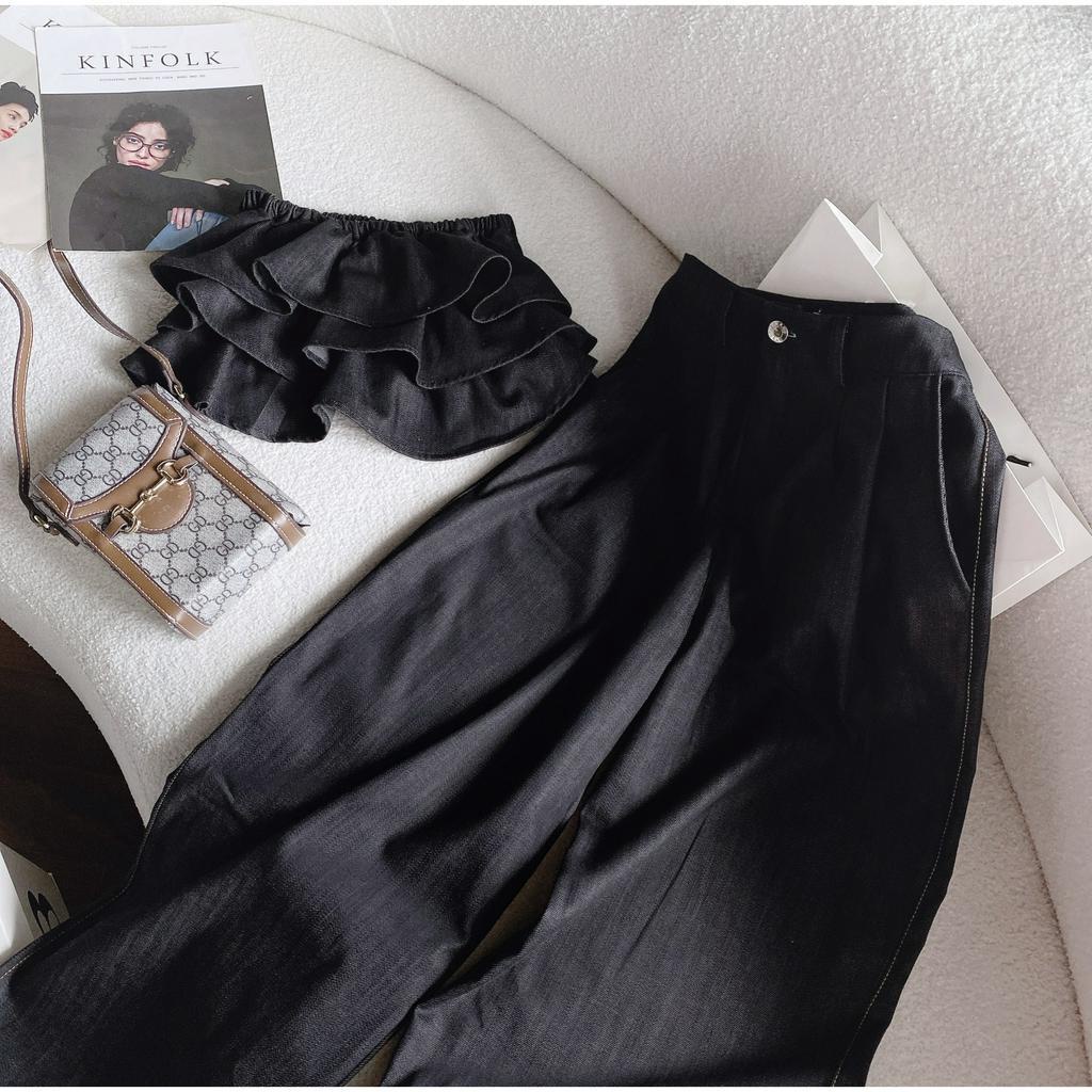 SET ÁO ỐNG TẦNG ĐEN CÚP NGỰC BO CHUN + QUẦN ĐEN SUÔNG (TH)