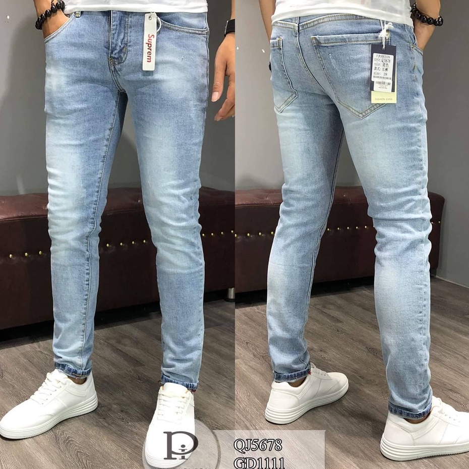 Quần jean nam ống ôm màu xanh trơn chất bò co giãn bốn chiều thời trang cao cấp NEWSHOP5678