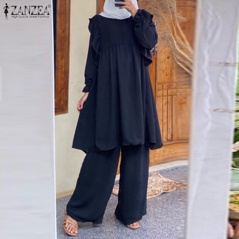Zanzea Set Áo Kiểu Dài Tay Cổ Tròn + Quần Dài Ống Rộng Thời Trang Nữ