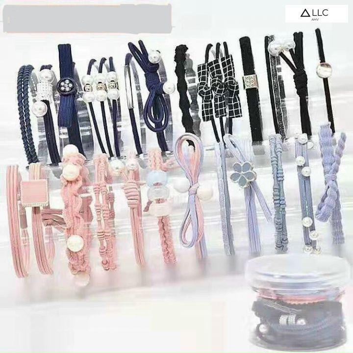 Set buộc tóc thời trang, chun buộc tóc tết hoa. hộp 25 cái