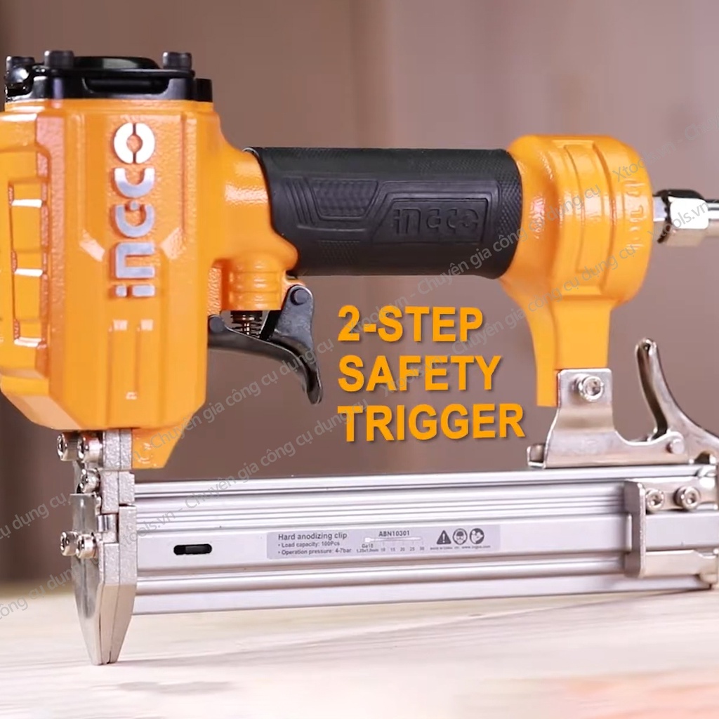 Súng bắn đinh gỗ cầm tay dùng khí nén INGCO ABN10301-3. Máy bắn đinh thẳng Ga18,1.25x1.00mm đinh 10-30mm 60-100Psi