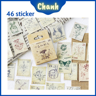 CS7E Hộp 46 Miếng dán Sticker Tem Vintage - Set Hình Dán Stamps Nấm Phong Cách Retro