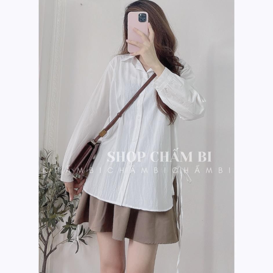 Áo kiểu nữ đẹp A.258, Áo sơ mi trắng xẻ tà đuôi tôm thắt nơ hông cách điệu dài tay cổ đức ngọt ngào