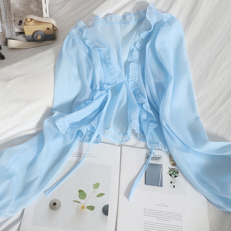 Áo Khoác Cardigan Voan Mỏng Chống Nắng Aimeehouse Viền Bèo Có Dây Cột Kèm Ảnh Thật