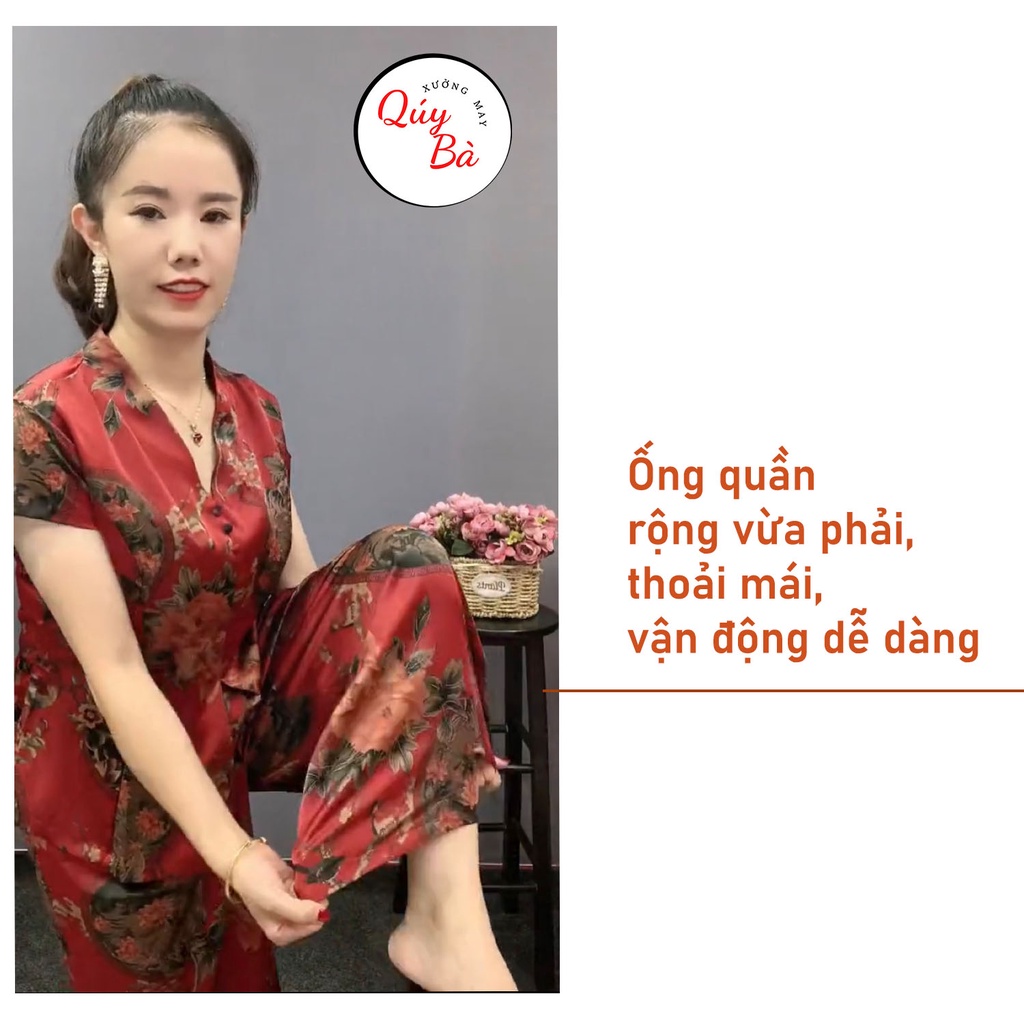 Đồ bộ trung niên QUÝ BÀ cho Mẹ & Bà chất LỤA quần dài rộng Hoạ Tiết Hoa thoải mái, mềm mịn đủ Size từ 38-80kg