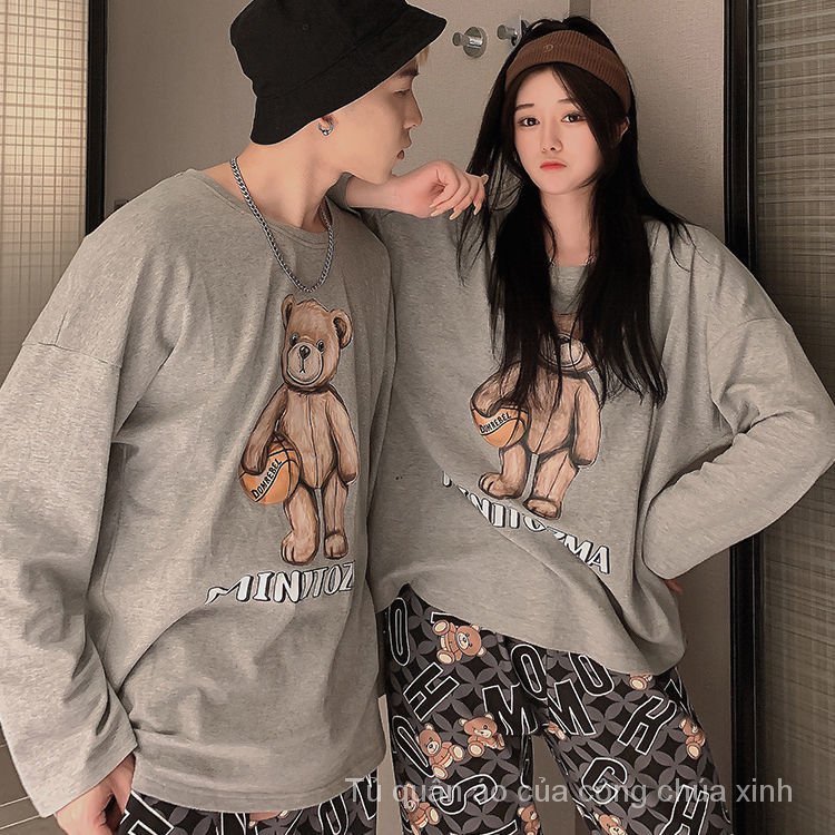 Bộ đồ ngủ tay dài in hình gấu Teddy hoạt hình thời trang xuân thu h5bb
