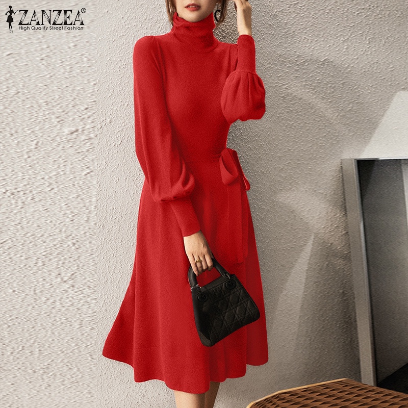 Đầm maxi Zanzea cổ lọ tay phồng dài phối thắt lưng thời trang cho nữ