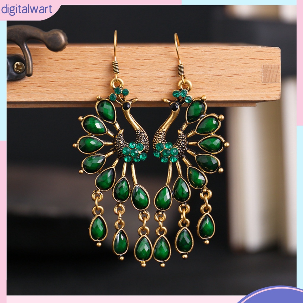 1 Đôi Bông Tai Dáng Dài Hình Chim Công Đính Đá Trang Nhã