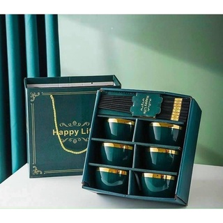 Bộ 6 bát sứ + 6 Đũa  viền mạ vàng cao cấp, tặng kèm đũa phong cách Nhật