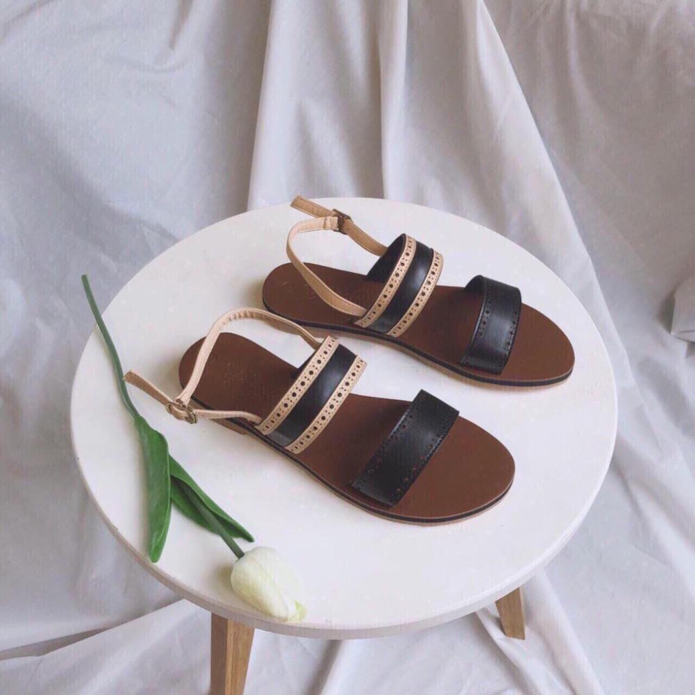 Sandal bẹt quai pha màu Korea chất liệu da thật đi cực êm