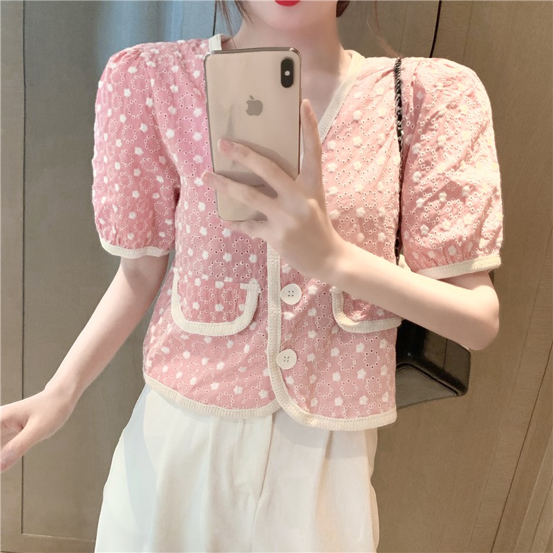 Vintage Crochet Hollow Hong Kong Flavor V-neck Short Sleeve Top