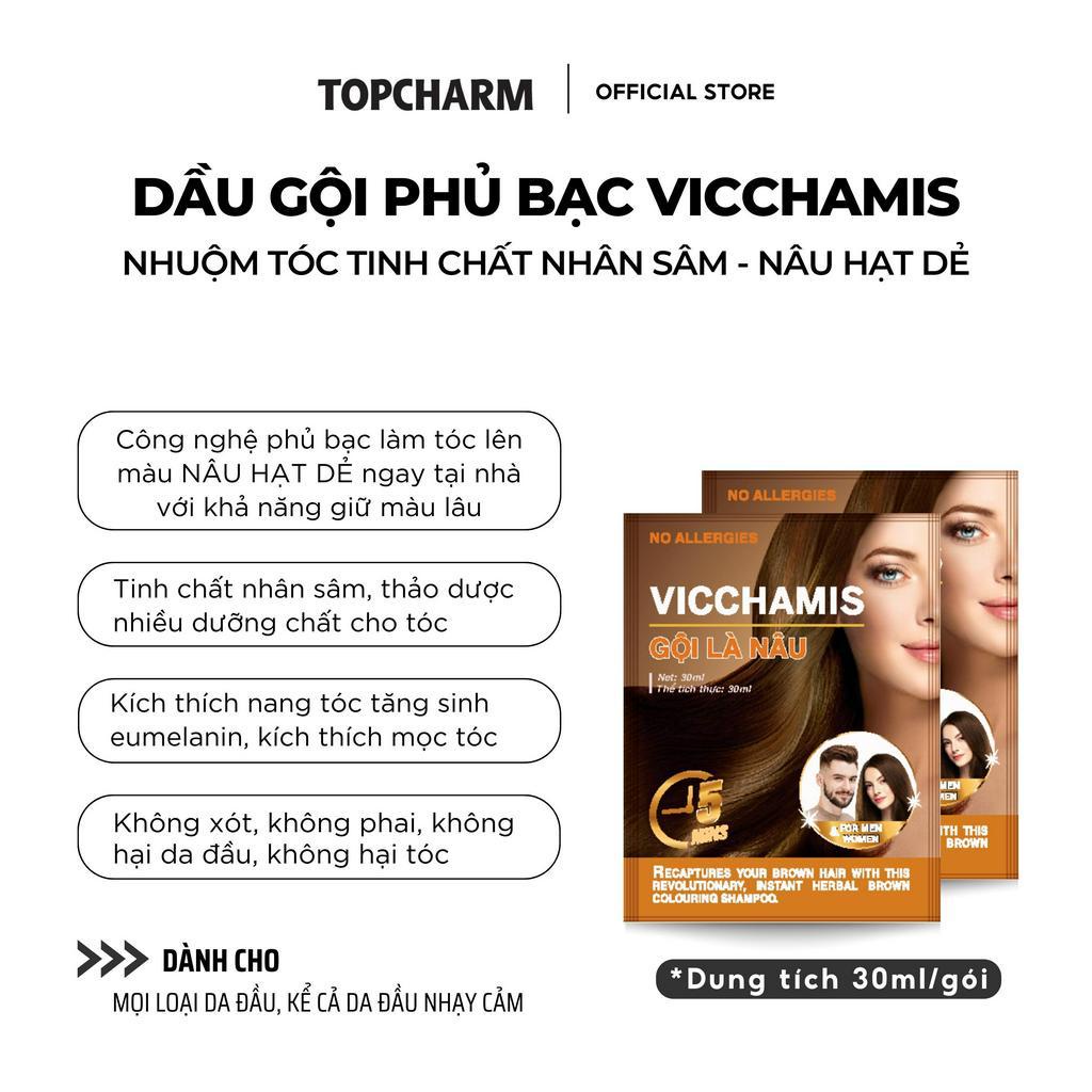 Dầu gội phủ bạc VICCHAMIS gói 30ml, nâu hạt dẻ, dầu gội dưỡng tóc mềm mượt chiết xuất nhân sâm